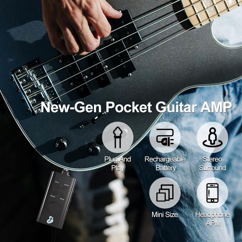 Just-pro Guitar Headphone Amp, Mini Guitar Headphone Amplifier USB Rechargable Portable Pocket Guitar Amplifier with 24 Guitar Effects (Black) - Image 4